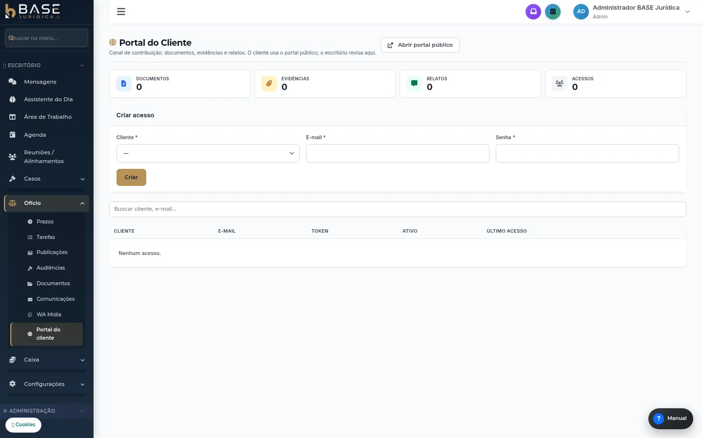 Portal do cliente — administração no BASE Jurídica
